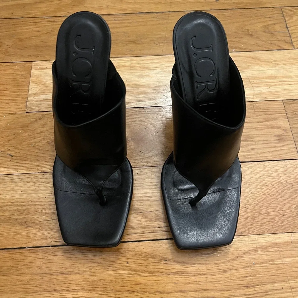 J.Crew‎ Black Leather Wide Thong Heel Square Toe Snakeskin Block Sandal BX895 8